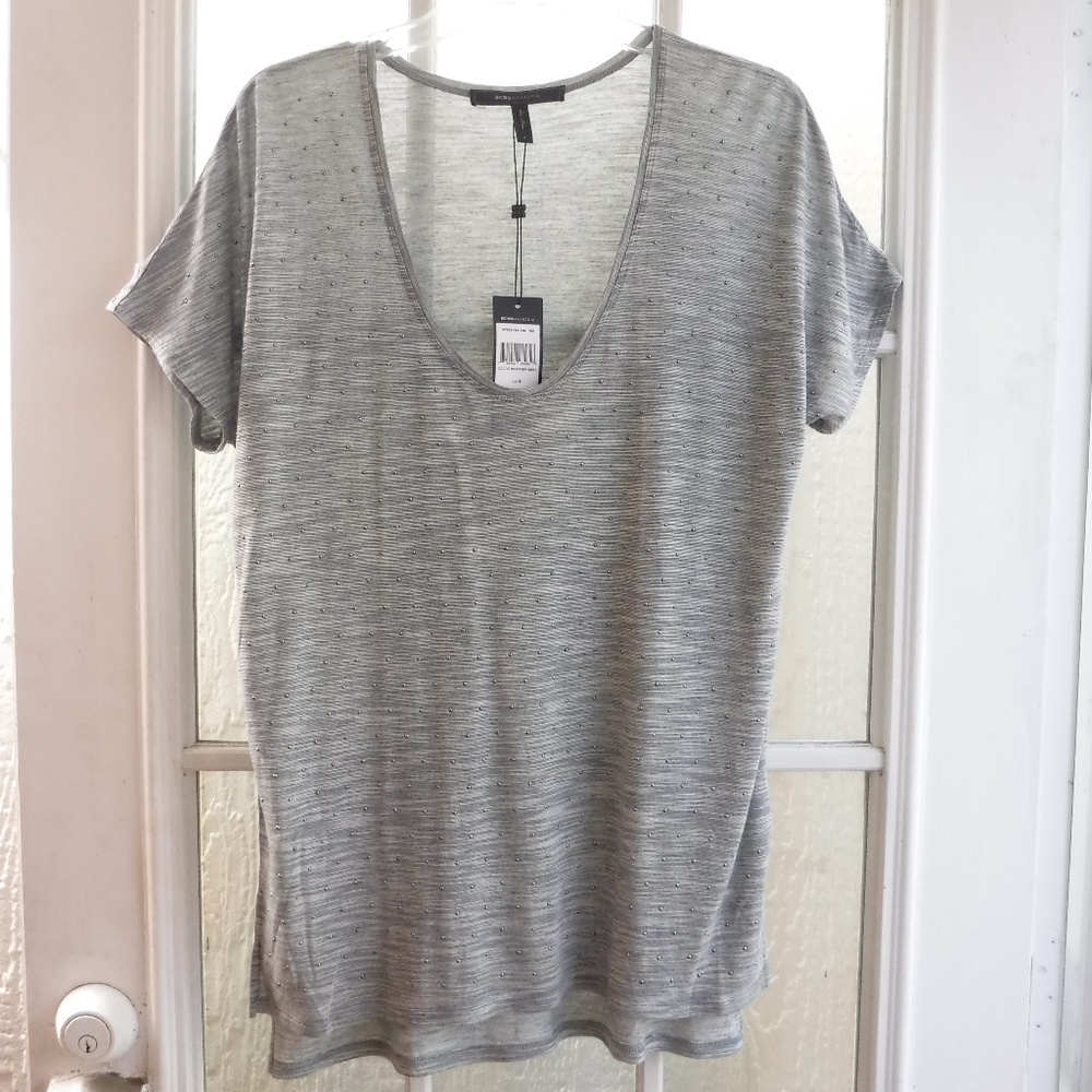 BCBGMAXAZRIA Rhinestones on Heather Gray Scoop Neck Top